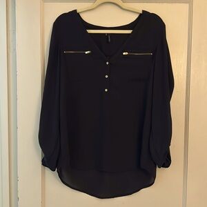 Sheer Black Tunic Style Top with Gold Zipper and Button Accents